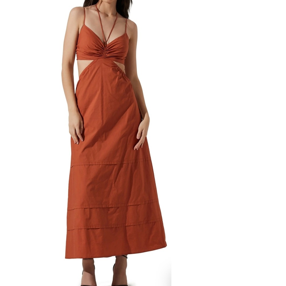 ASTR The Label Cutout Poplin Maxi Dress Brown Size Medium